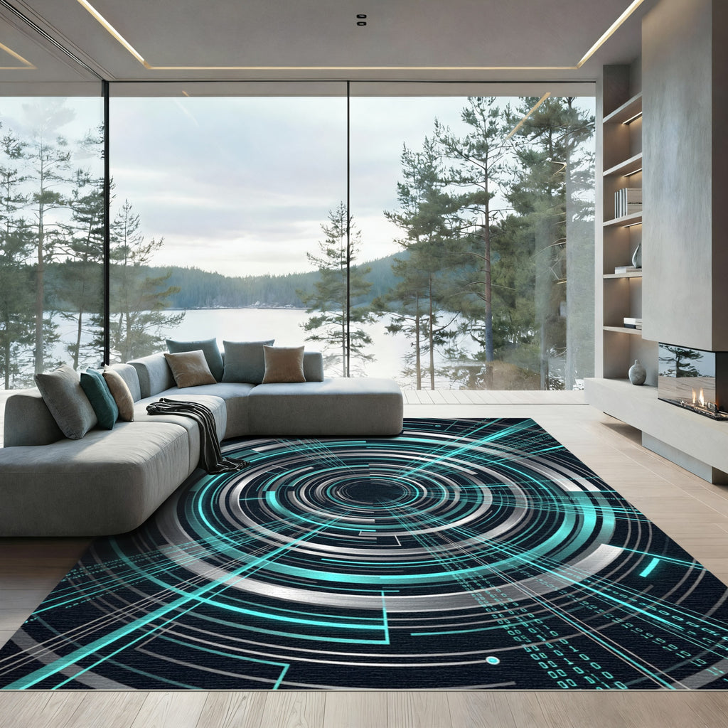 Futuristic Glowing Teal Concentric Cyber Circle Rug