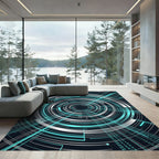 Futuristic Glowing Teal Concentric Cyber Circle Rug
