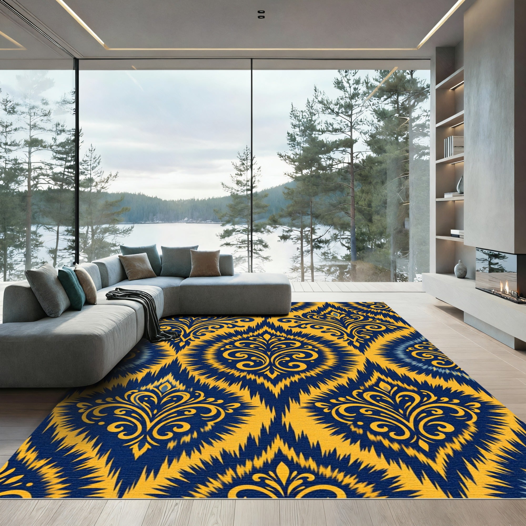 Royal Blue and Gold Damask Medallions Rug