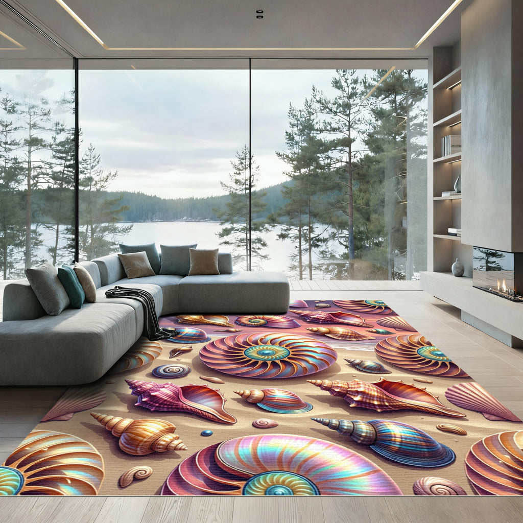 Iridescent Seashell Coastal Beach Scene Rug