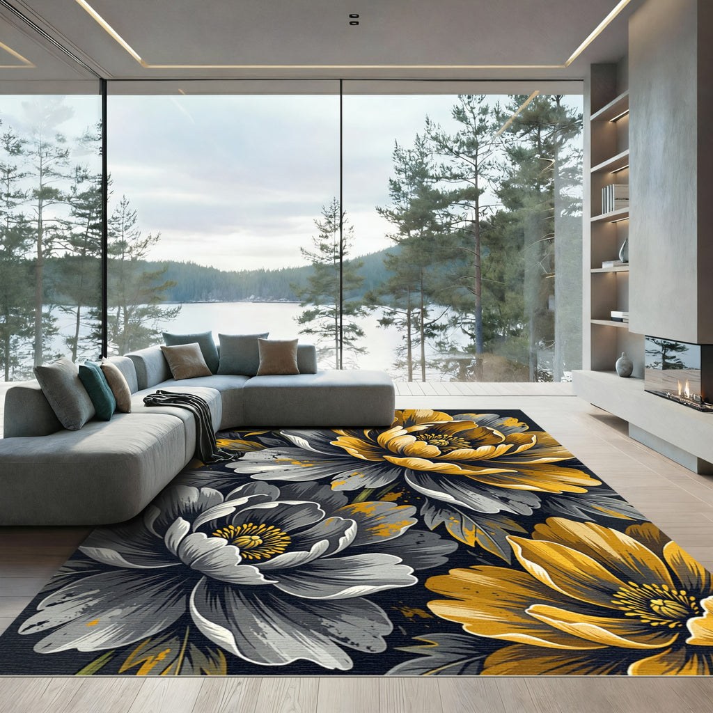 Golden Peony Floral Black Gray Illustration Rug