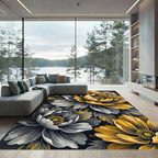 Golden Peony Floral Black Gray Illustration Rug