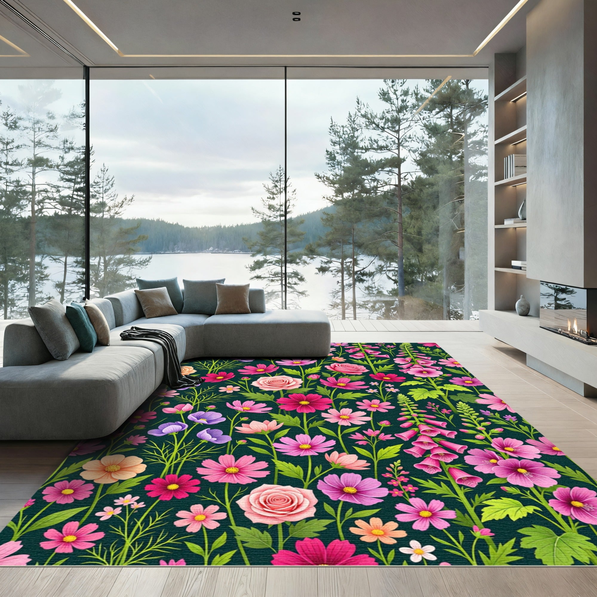 Whimsical Vibrant Pink Floral Garden Rug