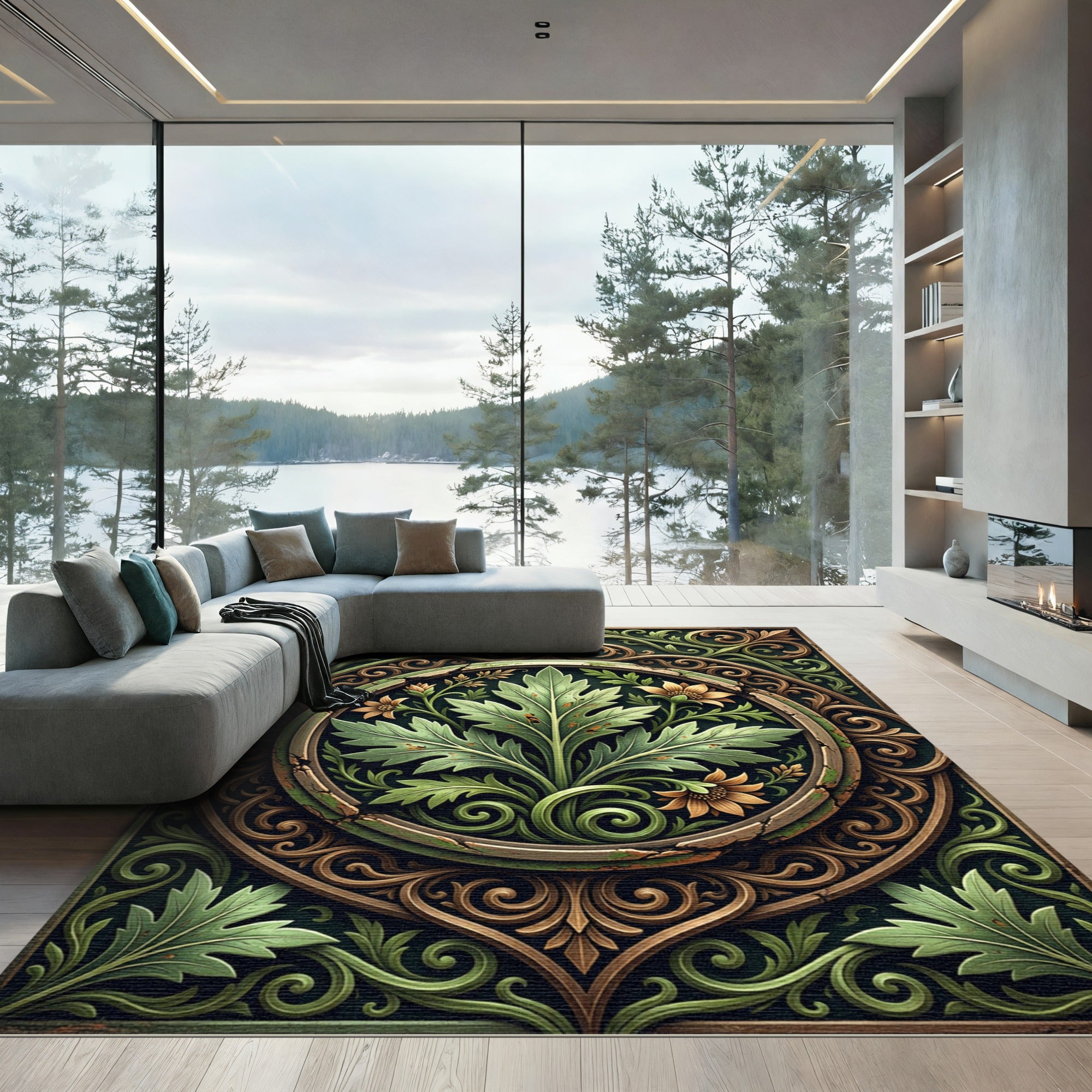 Ornate Botanical Leaf Medallion Rug