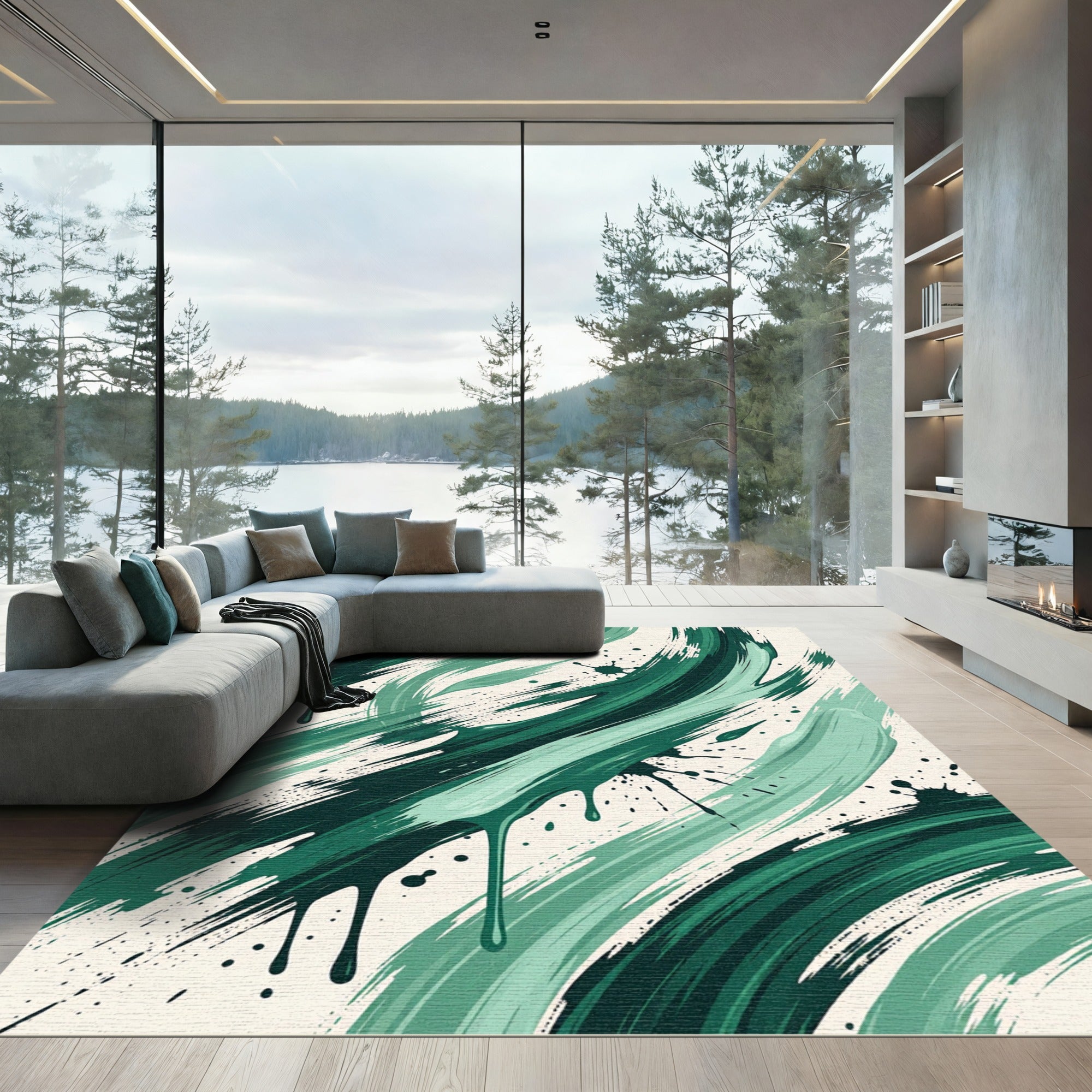 Deep Emerald Swirl Paint Splatter Rug
