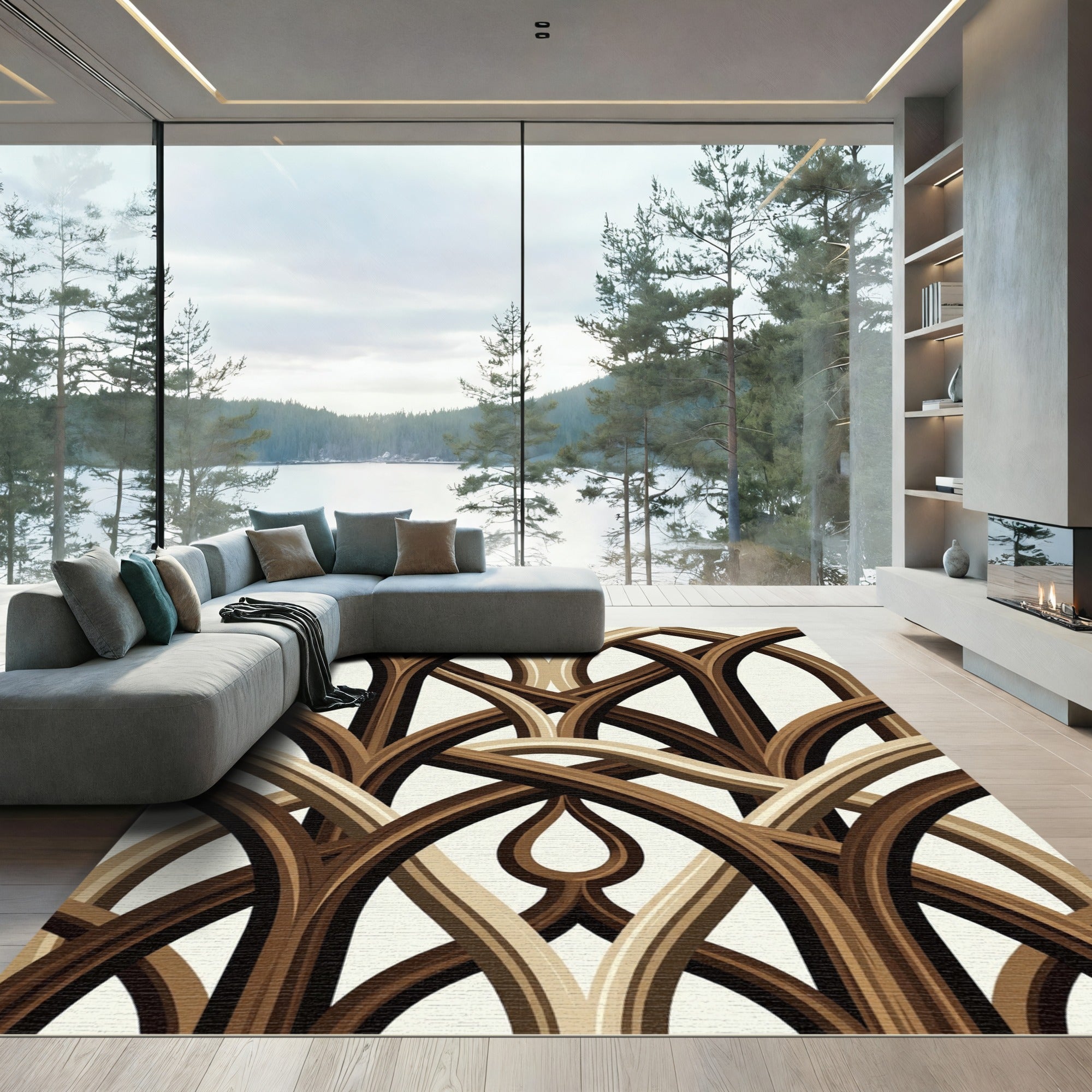 Elegant Arching Wood Grain Scrollwork Rug