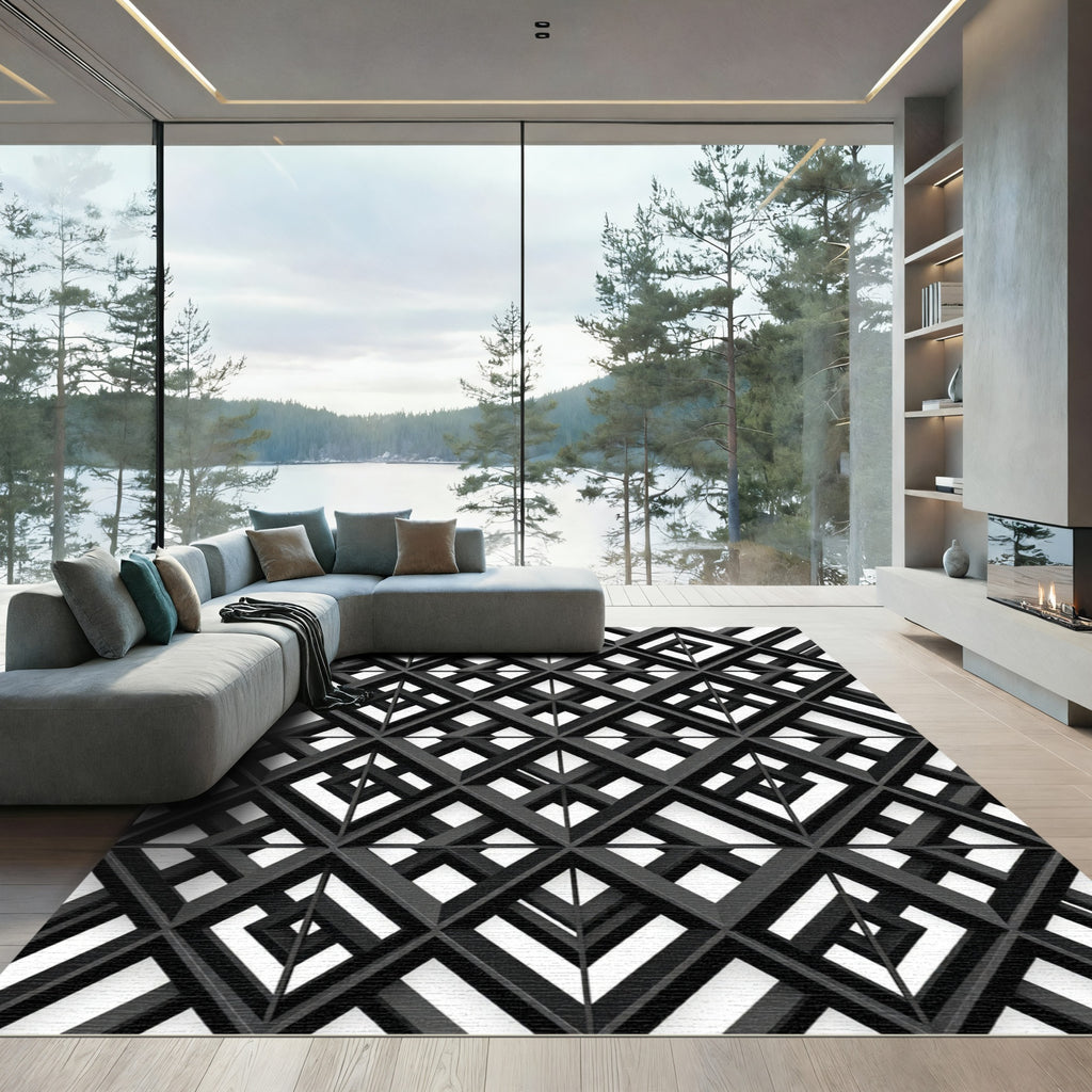 Monochrome Interlocking Geometric Lattice Rug