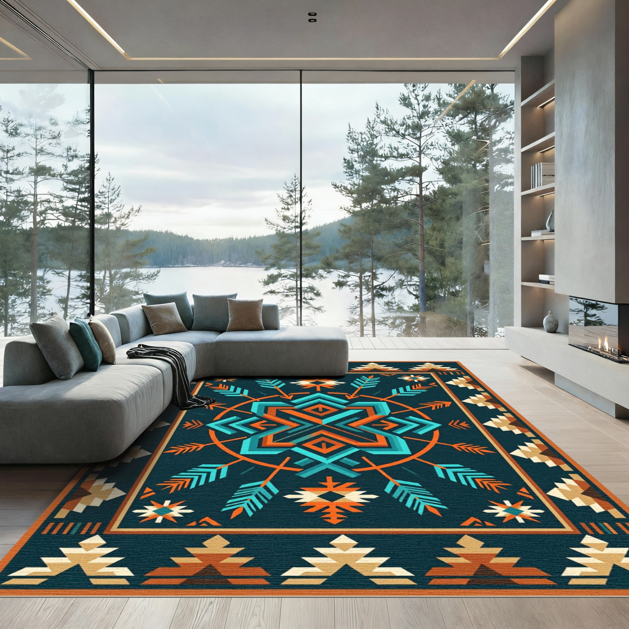 Turquoise Orange Geometric Feather Arrow Rug
