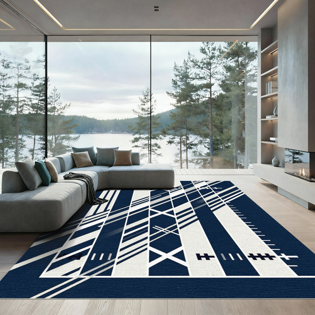 Minimalist Navy Dark Geometric Linear Rug