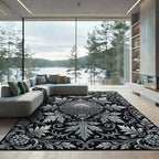 Ornate Floral Scrollwork Black Metallic Rug