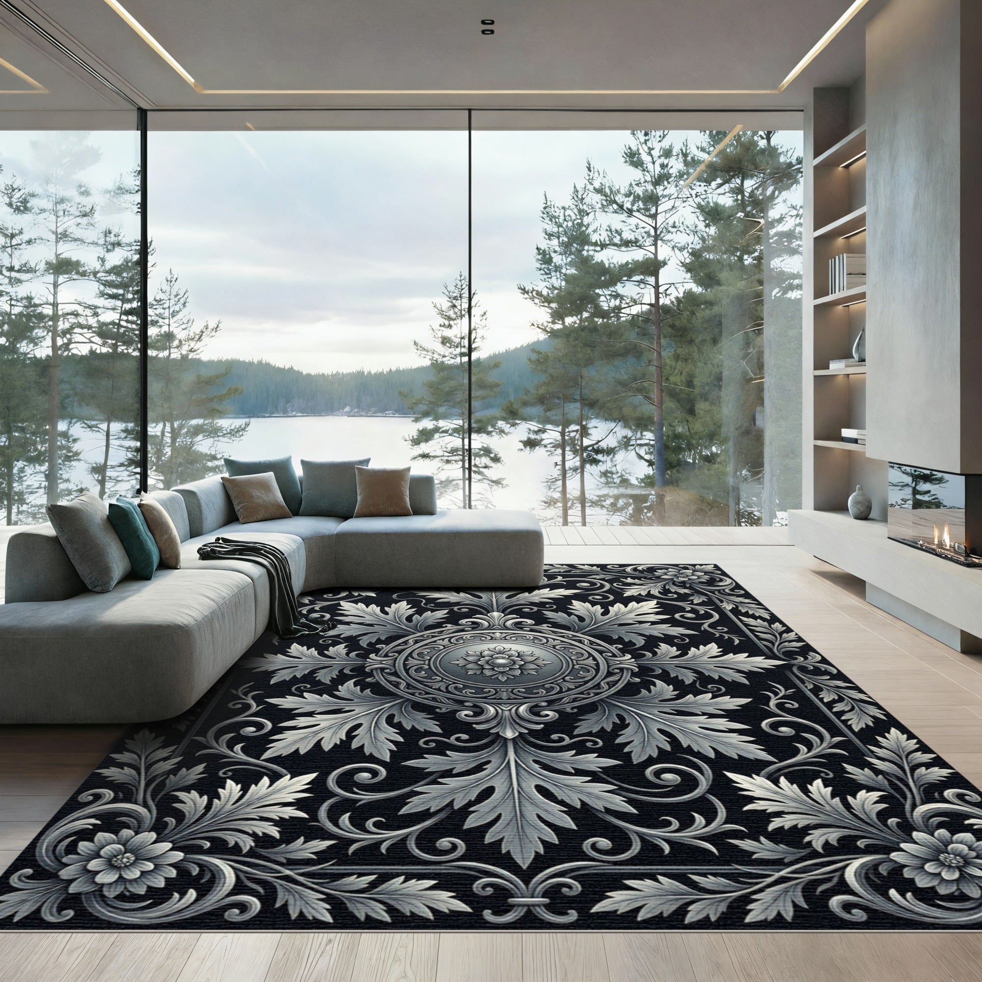 Ornate Floral Scrollwork Black Metallic Rug