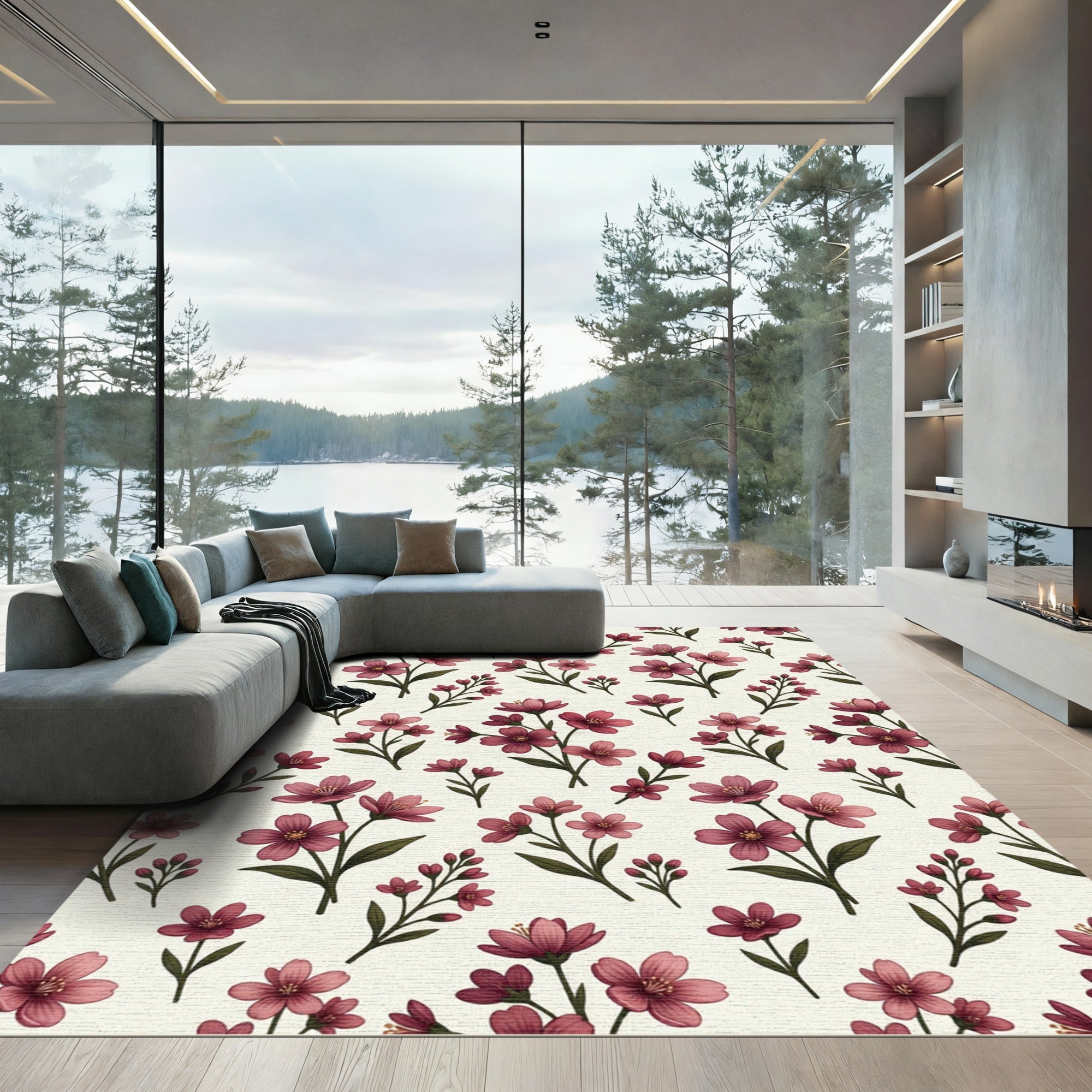 Elegant Mauve Blossom Floral Botanical Rug