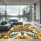 Golden Marigold Floral Botanical Illustration Rug
