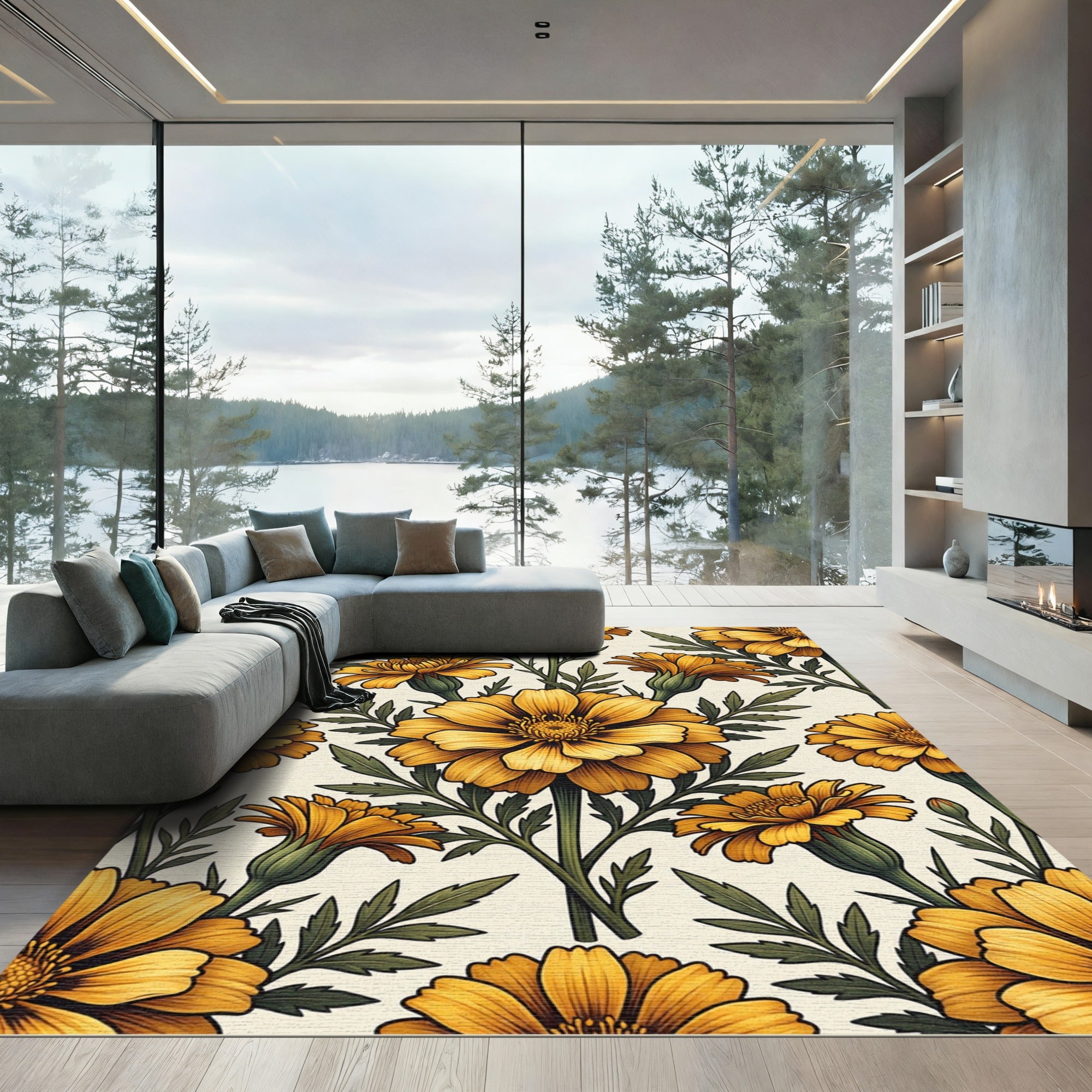 Golden Marigold Floral Botanical Illustration Rug