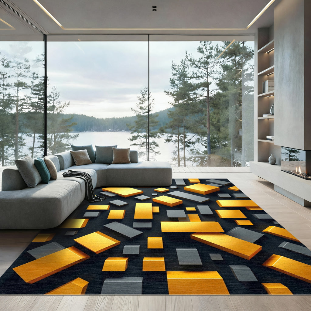 Modern Golden Gray Geometric Block Art Rug