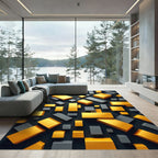 Modern Golden Gray Geometric Block Art Rug