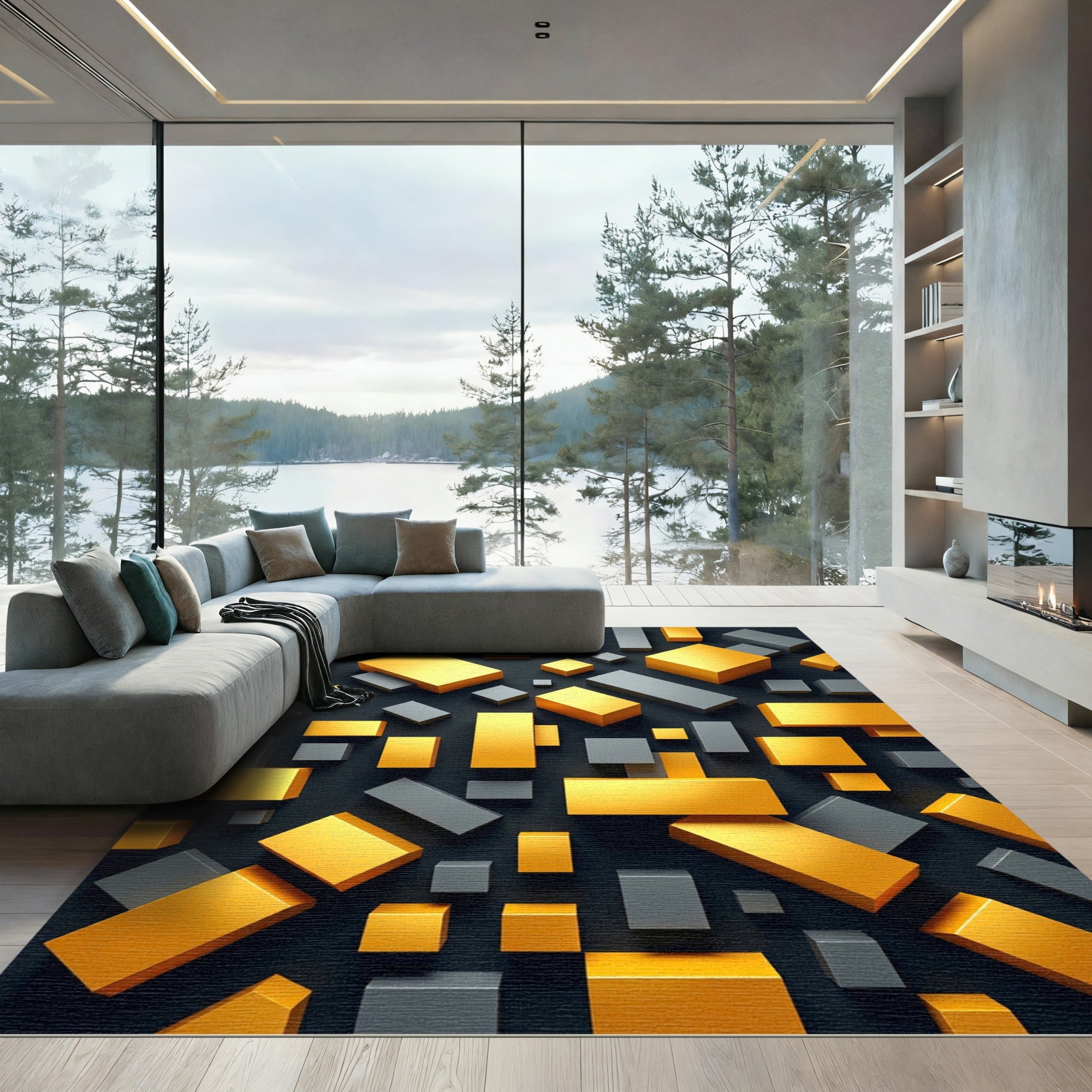 Modern Golden Gray Geometric Block Art Rug