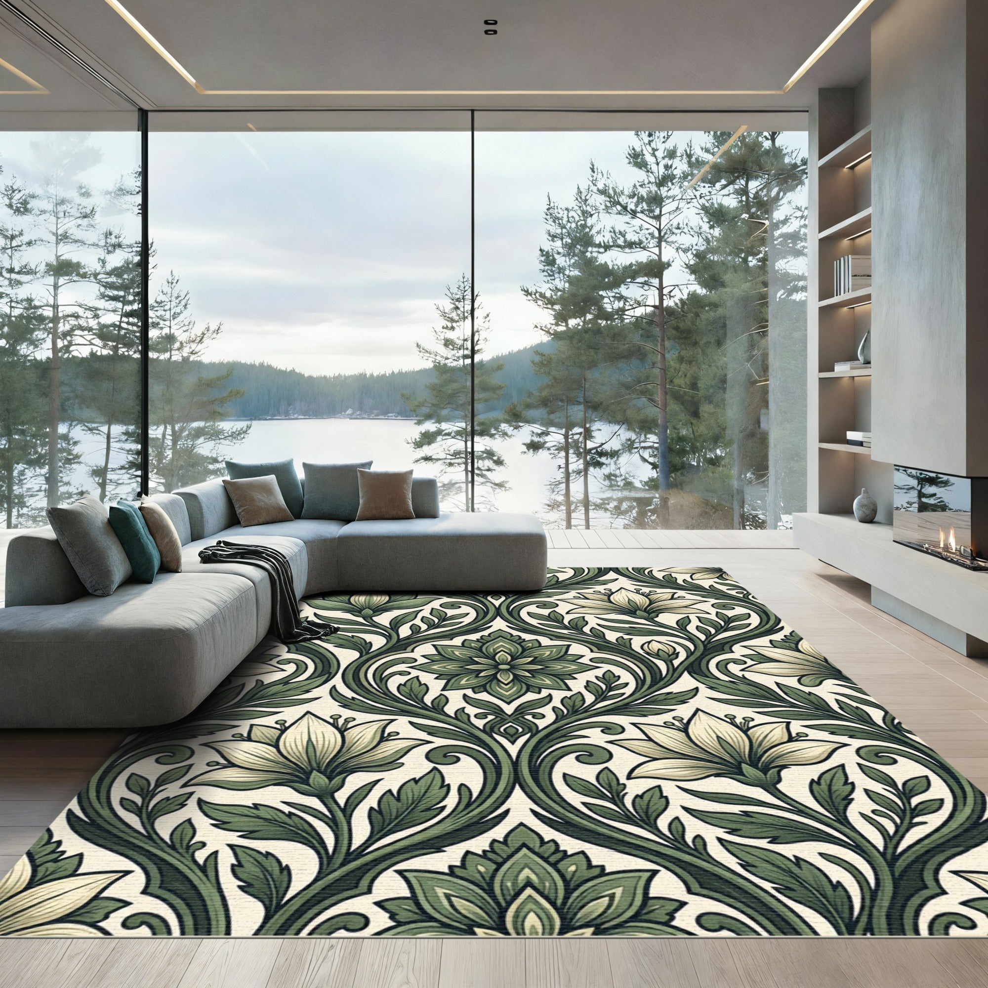 Elegant Sage Green Victorian Botanical Tapestry Rug