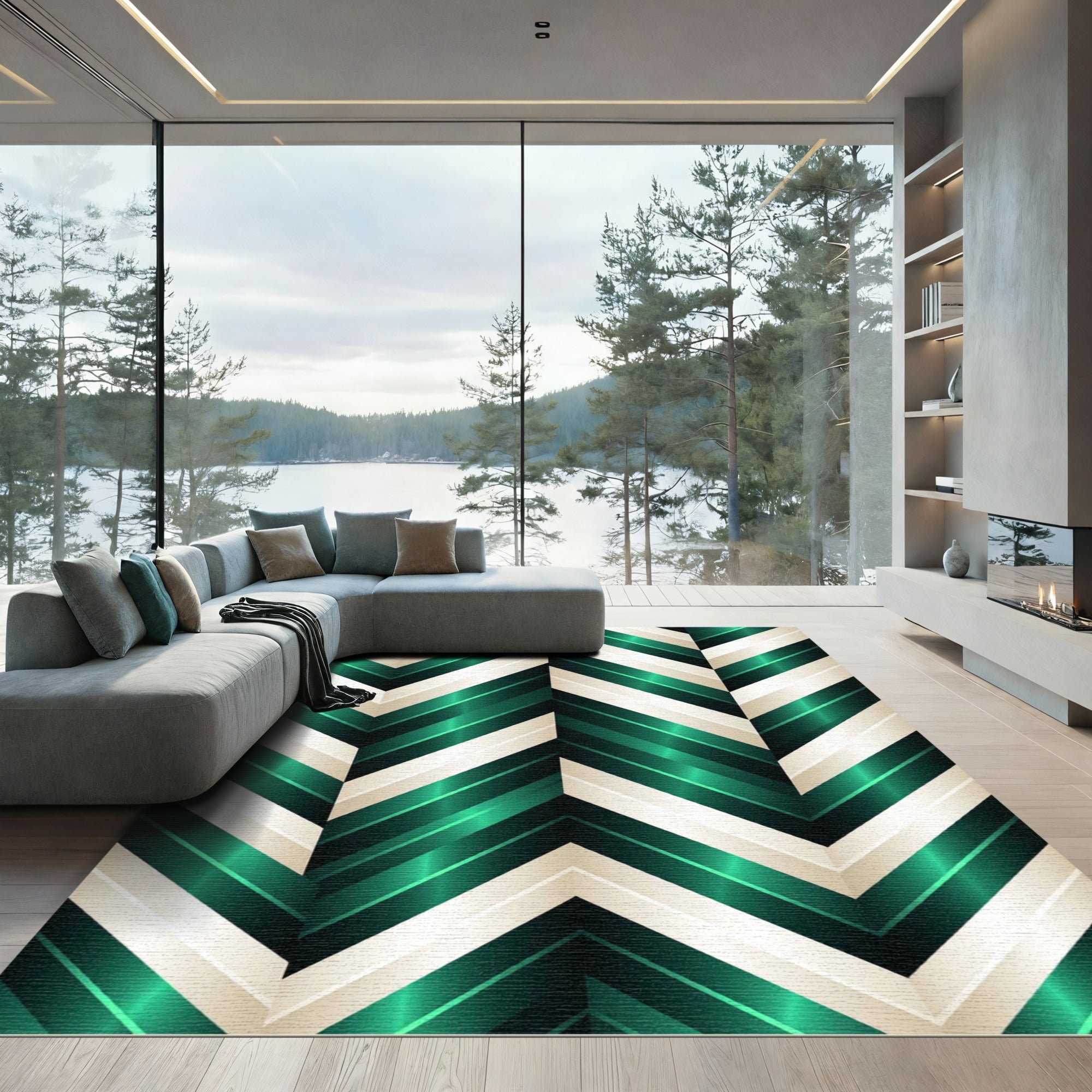 Emerald Cream Chevron Stripes Rug