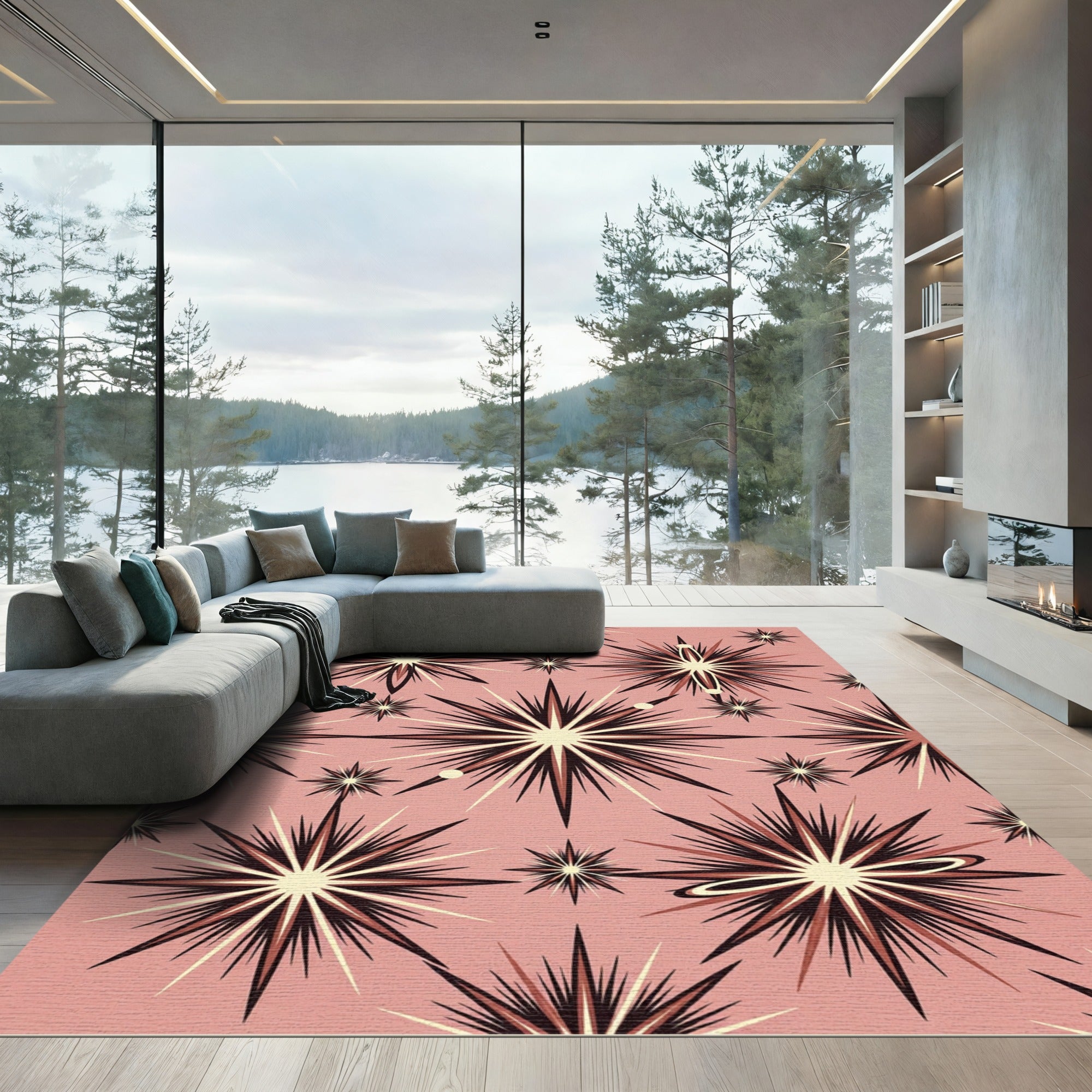 Mid-Century Pink Starburst Celestial Mural Rug