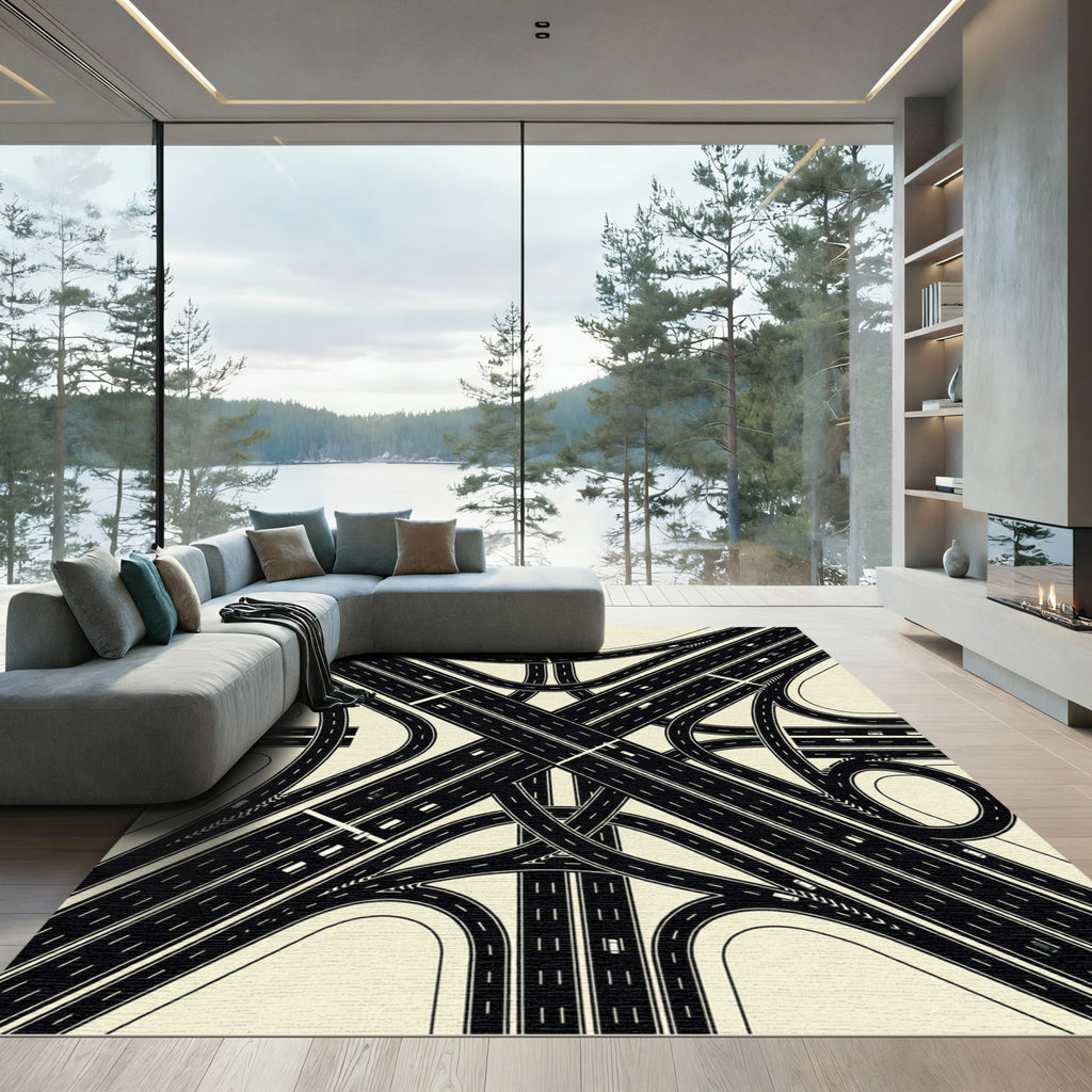 Monochrome Minimalist Highway Interchange Graphic Rug