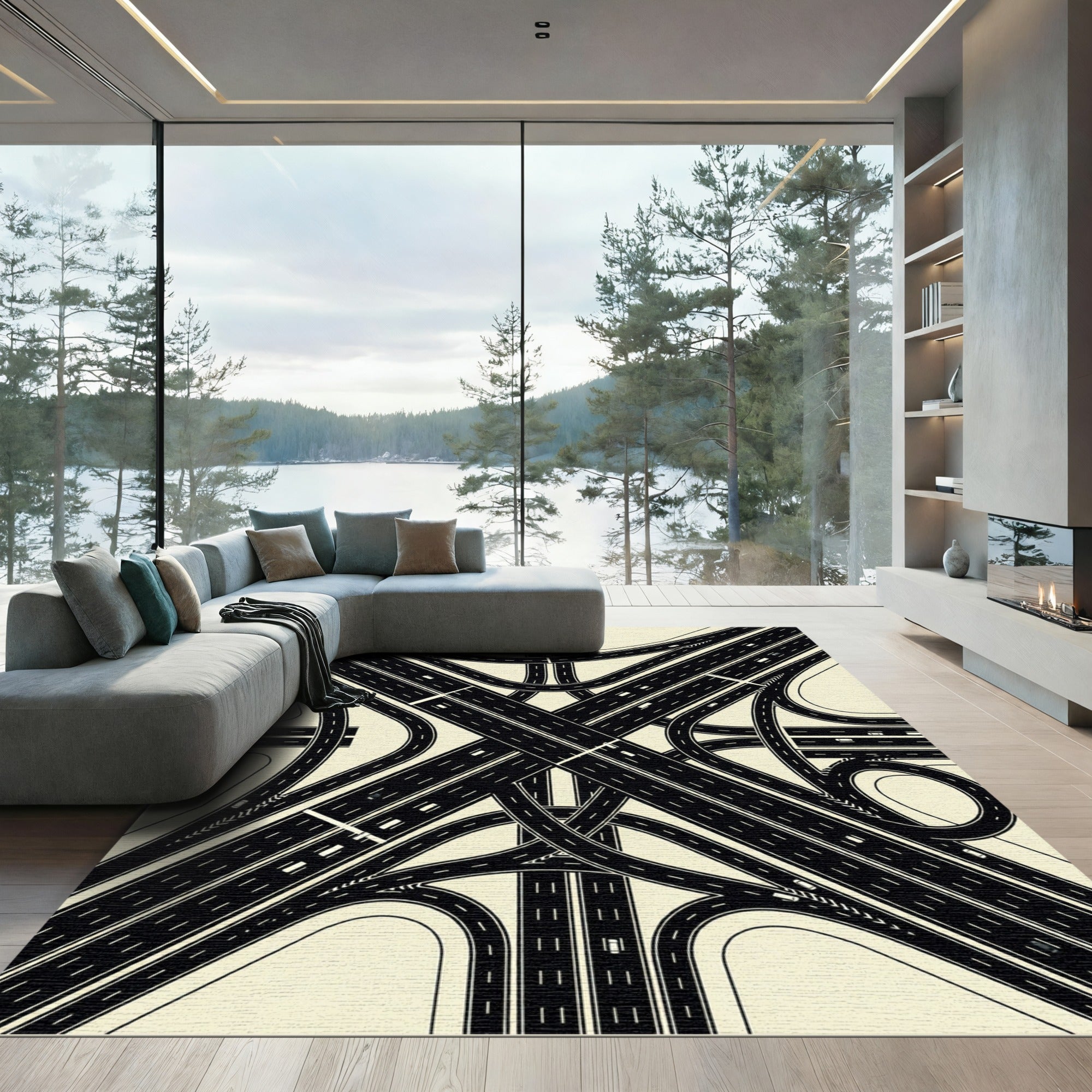 Monochrome Minimalist Highway Interchange Graphic Rug