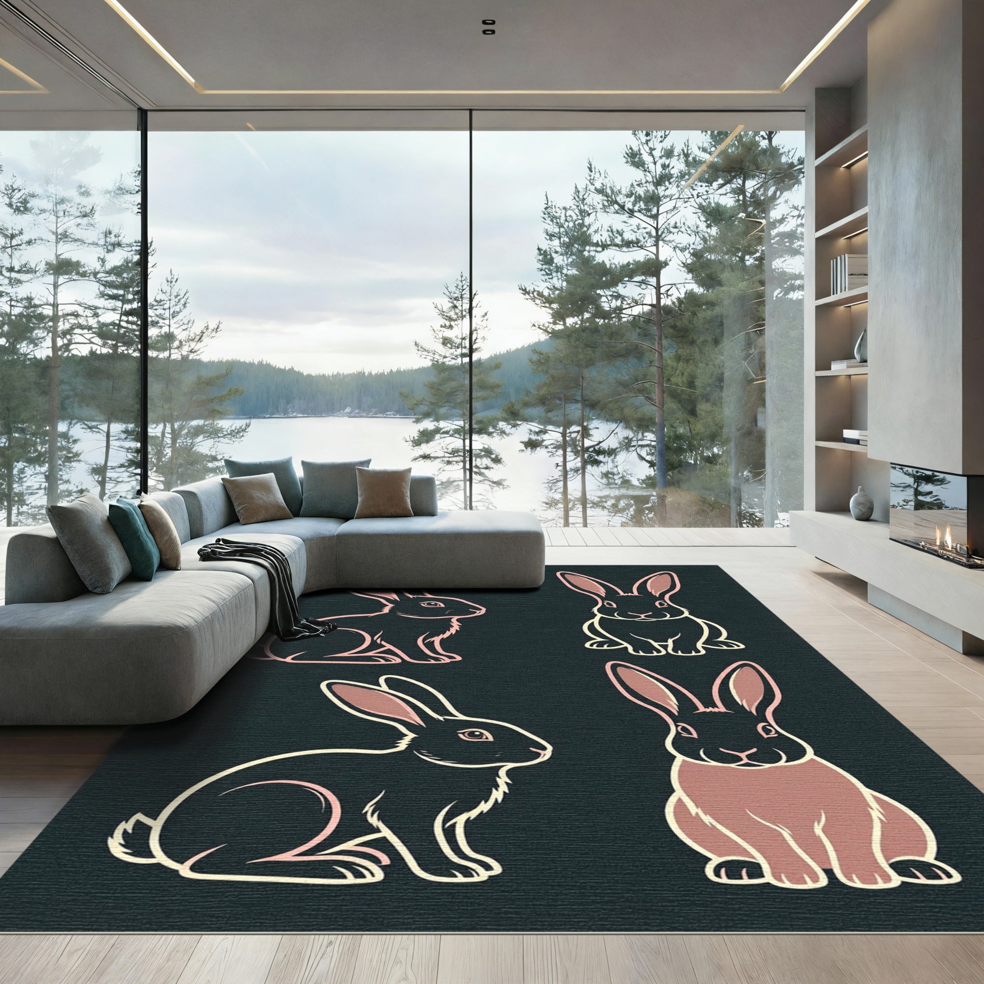 Minimalist Black Rabbit Silhouette Art Rug