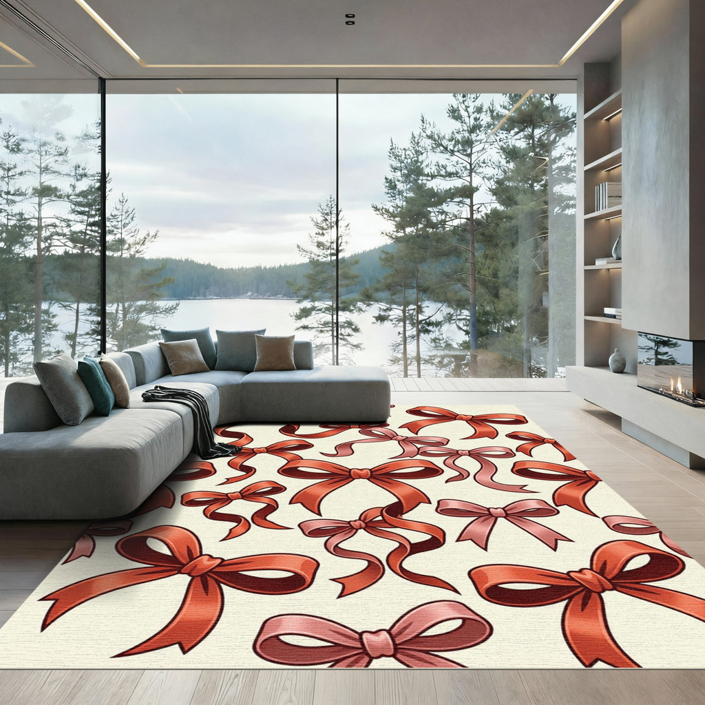 Elegant Crimson Ribbon Bow Illustration Rug