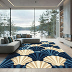 Navy Blue Scalloped Seashell Wave Art Rug