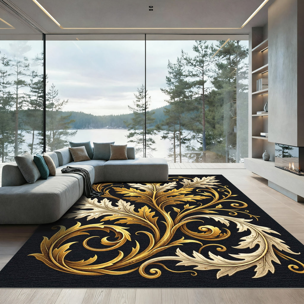 Gold Acanthus Leaf Scrolling Foliage Rug