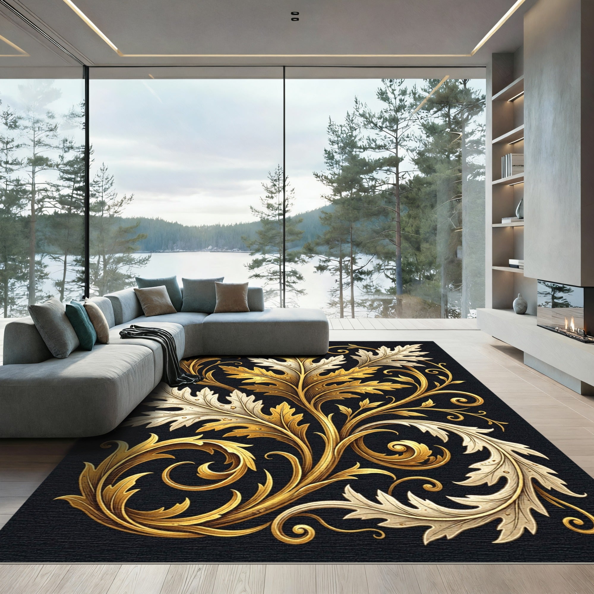 Gold Acanthus Leaf Scrolling Foliage Rug