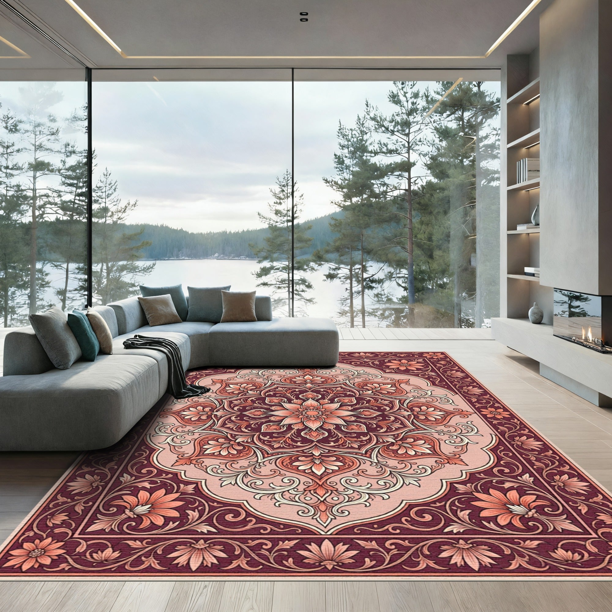 Ornate Crimson Floral Medallion Rug
