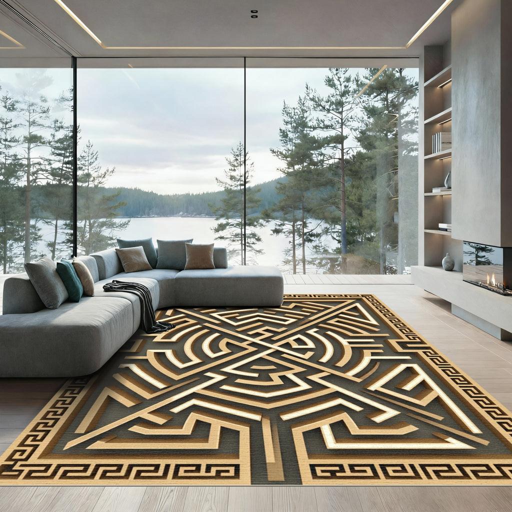 Golden Greek Key Maze Geometric Art Rug
