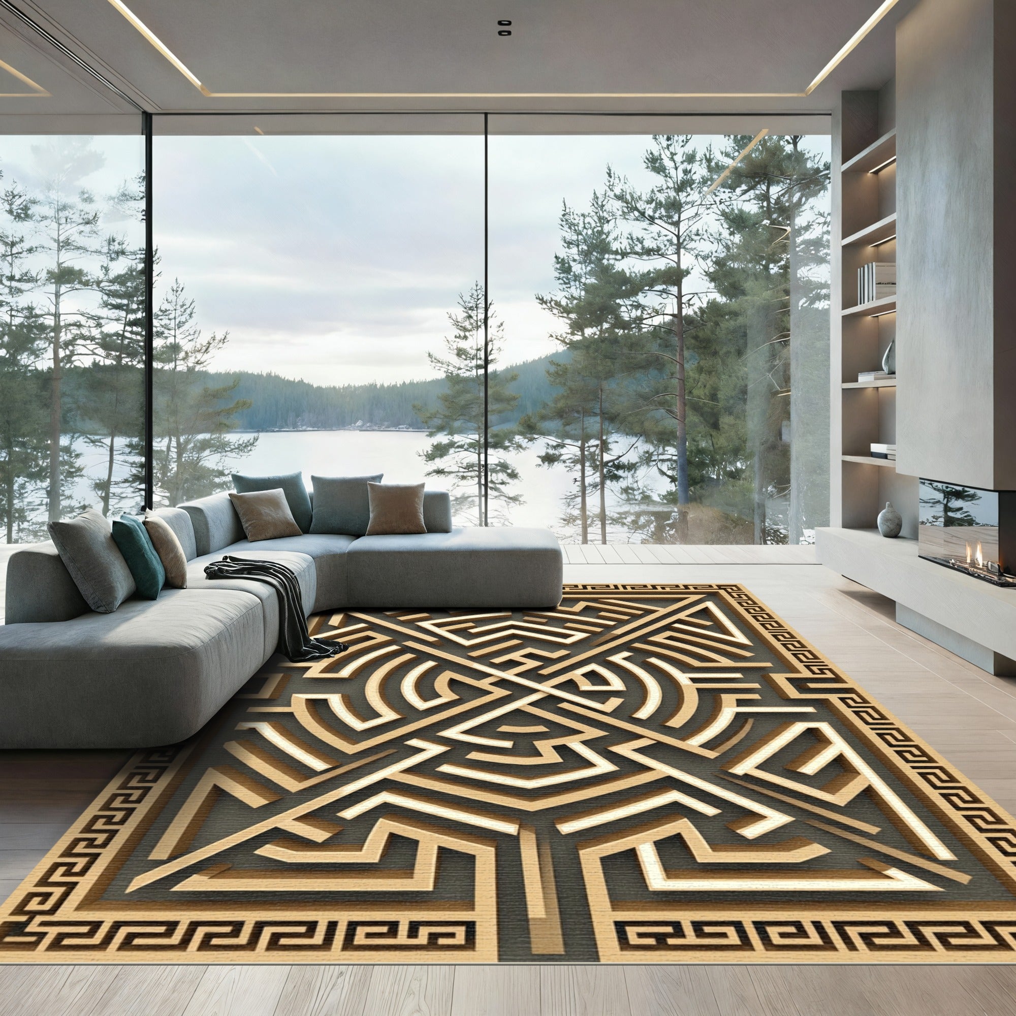 Golden Greek Key Maze Geometric Art Rug
