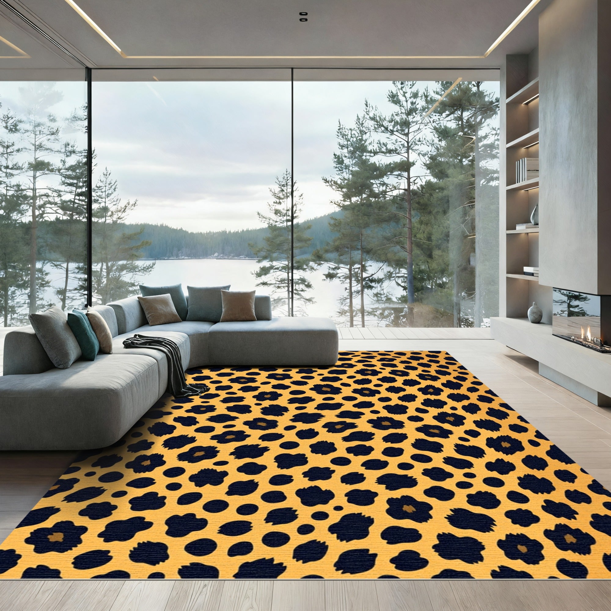 Bold Golden Leopard Spot Animal Hide Rug