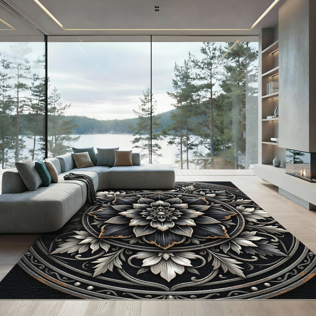 Ornate Silver Floral Monochromatic Medallion Rug