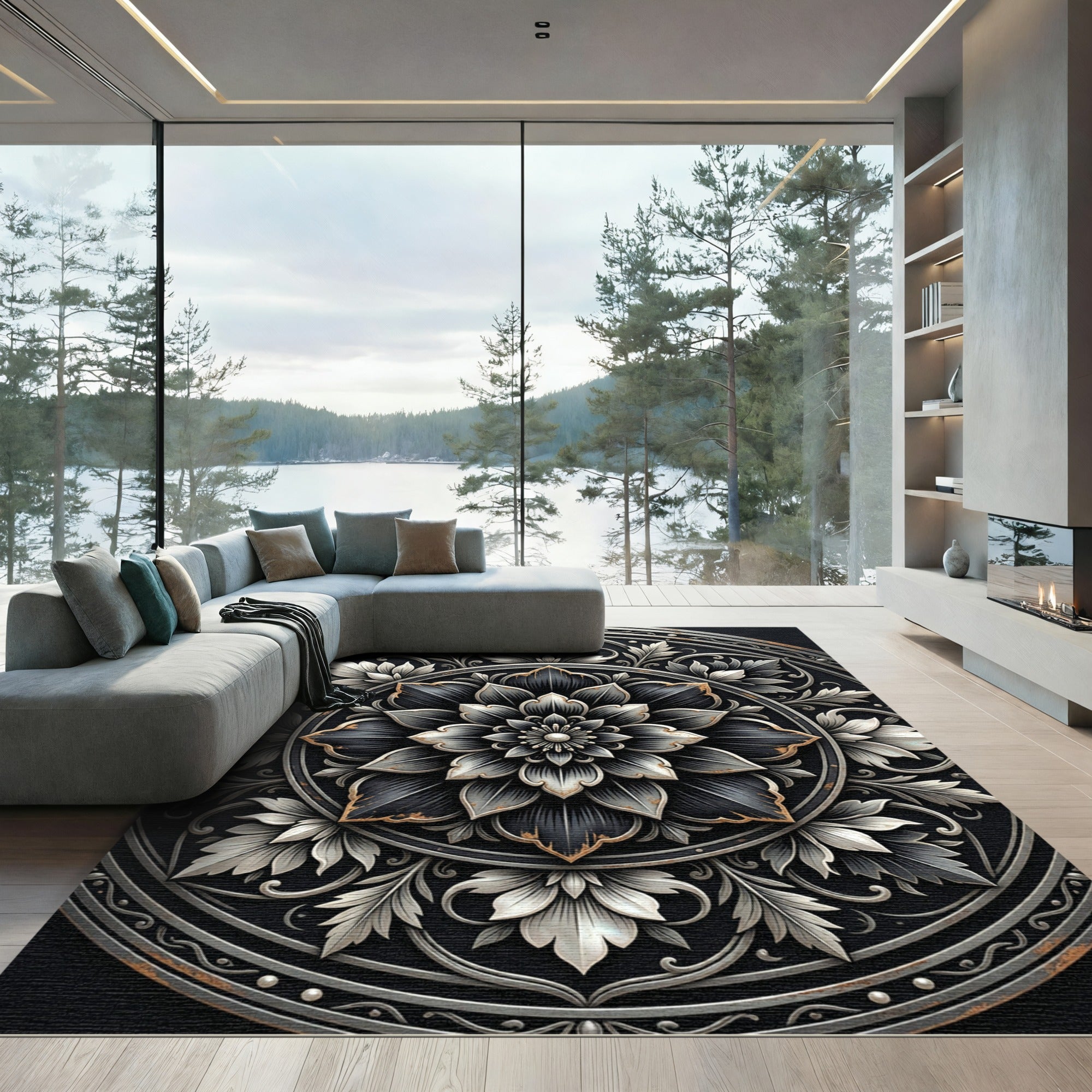 Ornate Silver Floral Monochromatic Medallion Rug