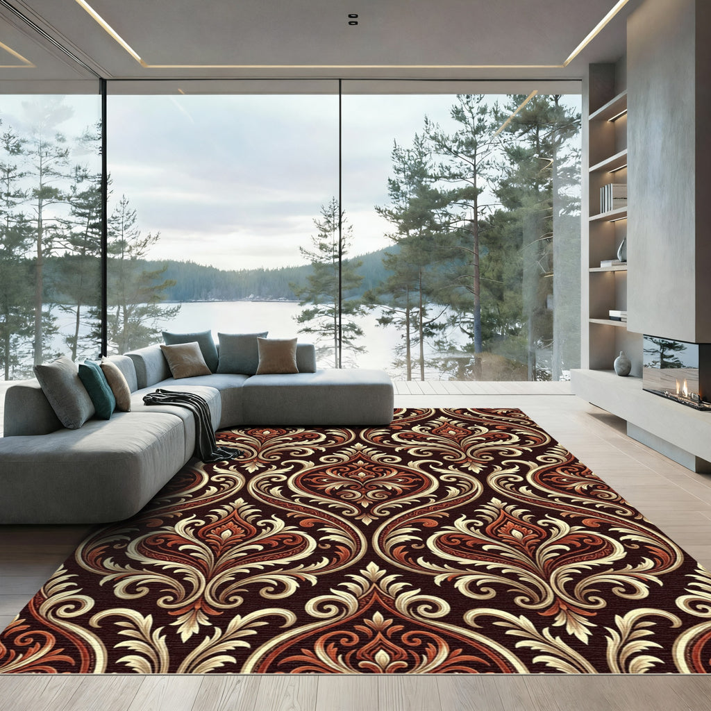 Deep Red Damask Scrollwork Medallion Rug