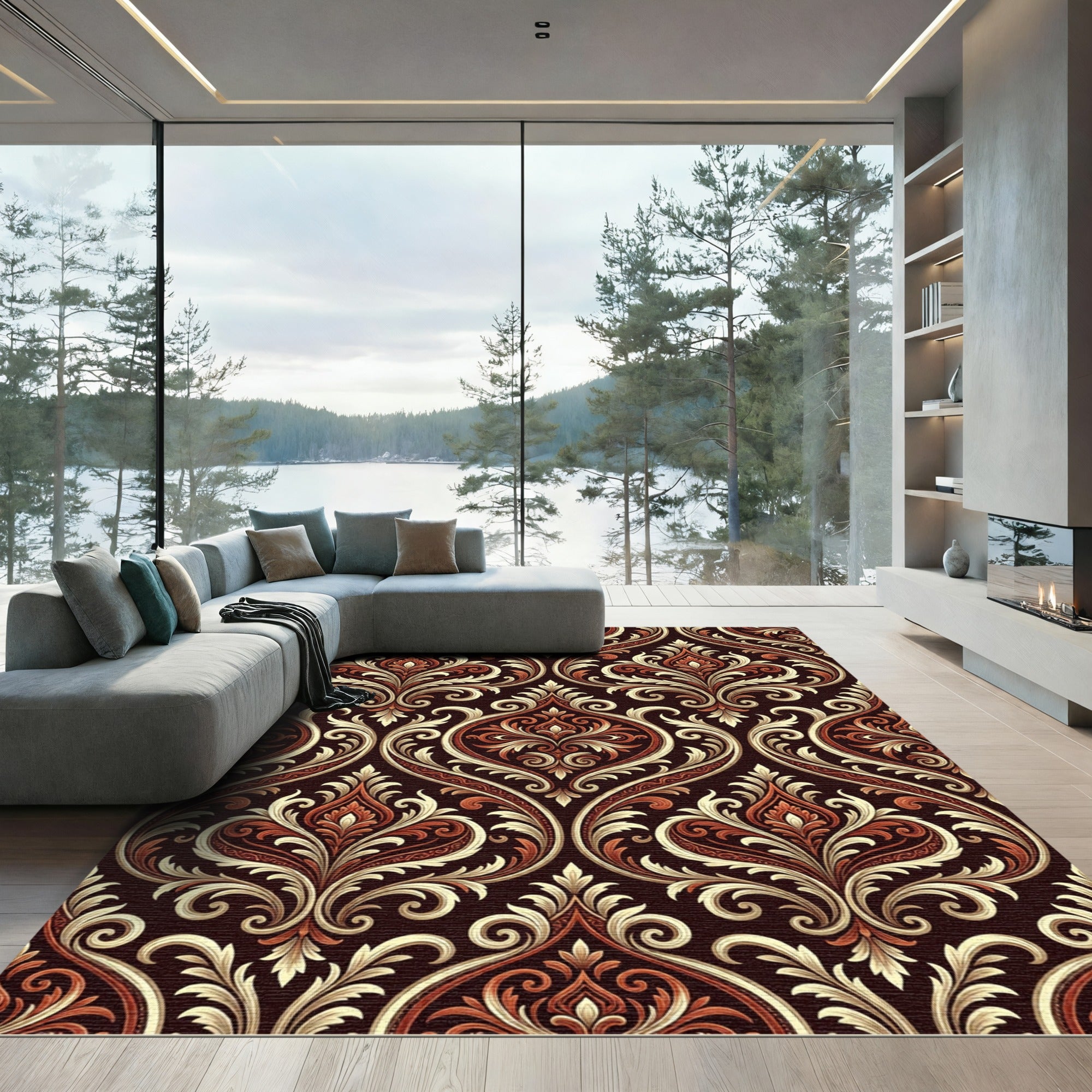Deep Red Damask Scrollwork Medallion Rug