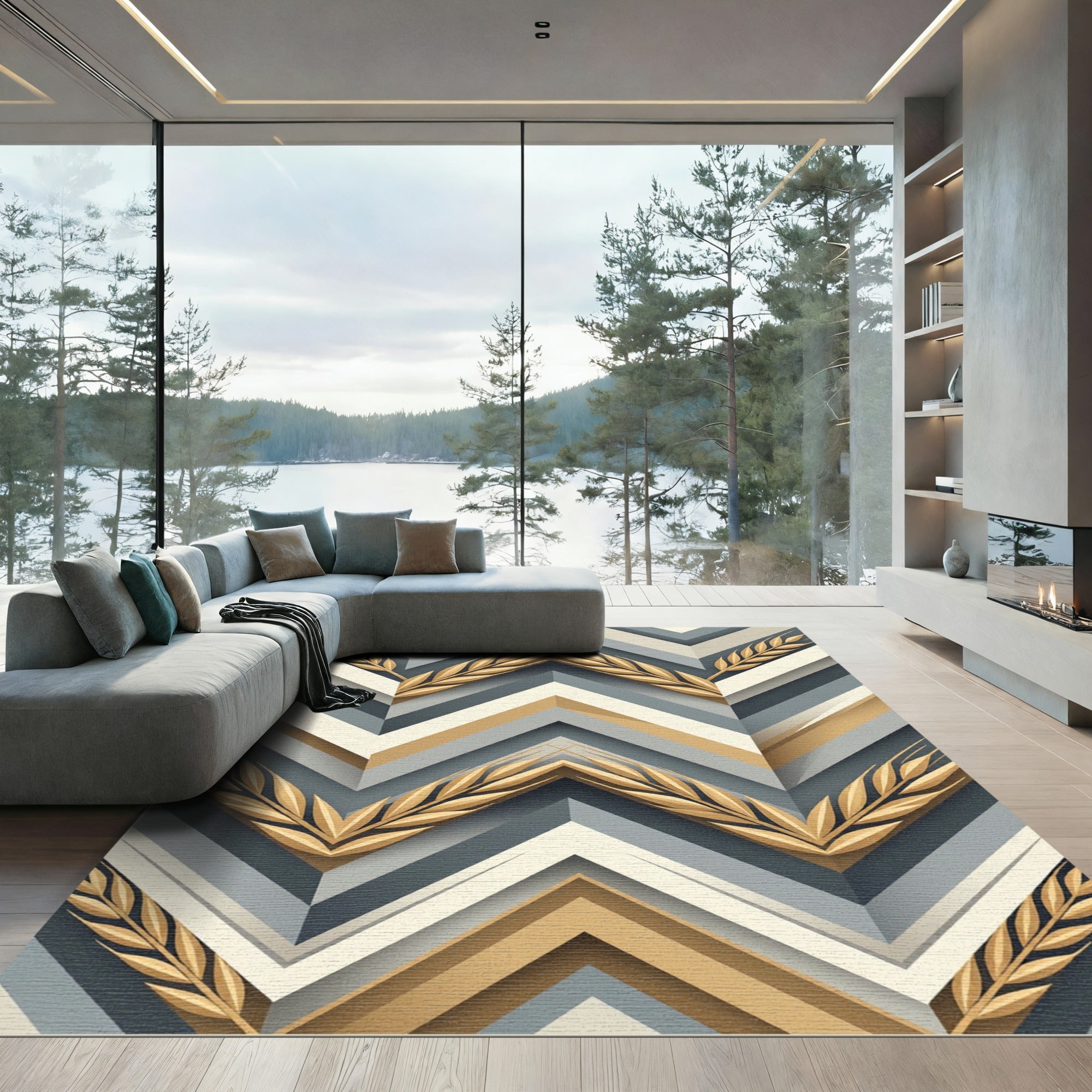 Golden Wheat Chevron Geometric Gray Rug