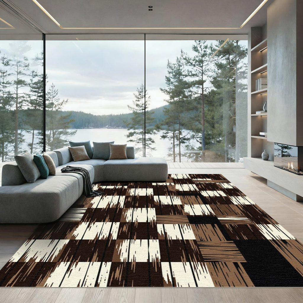 Rustic Earthen Woven Checkered Wood Art Rug
