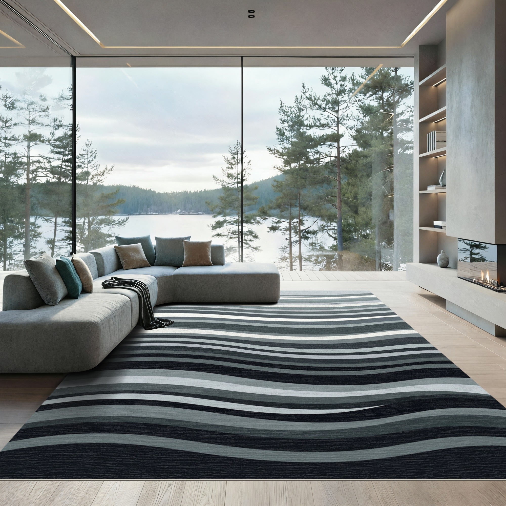 Minimalist Monochrome Wavy Abstract Lines Rug