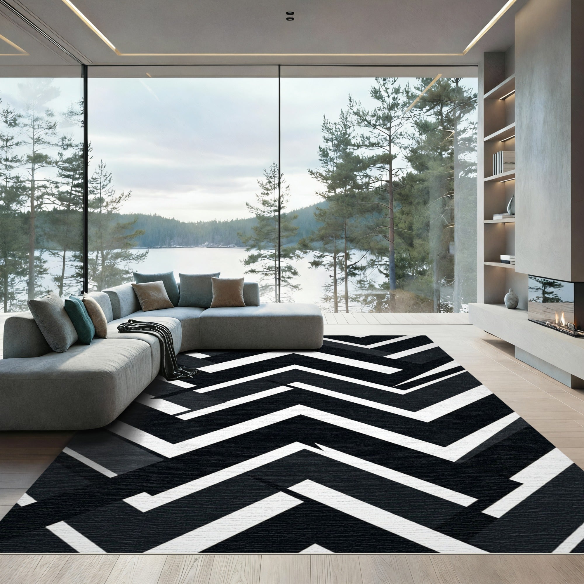 Monochromatic Herringbone Geometric Chevron Rug