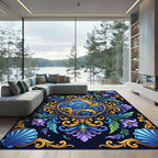 Ornate Blue Gold Floral Shell Garden Rug