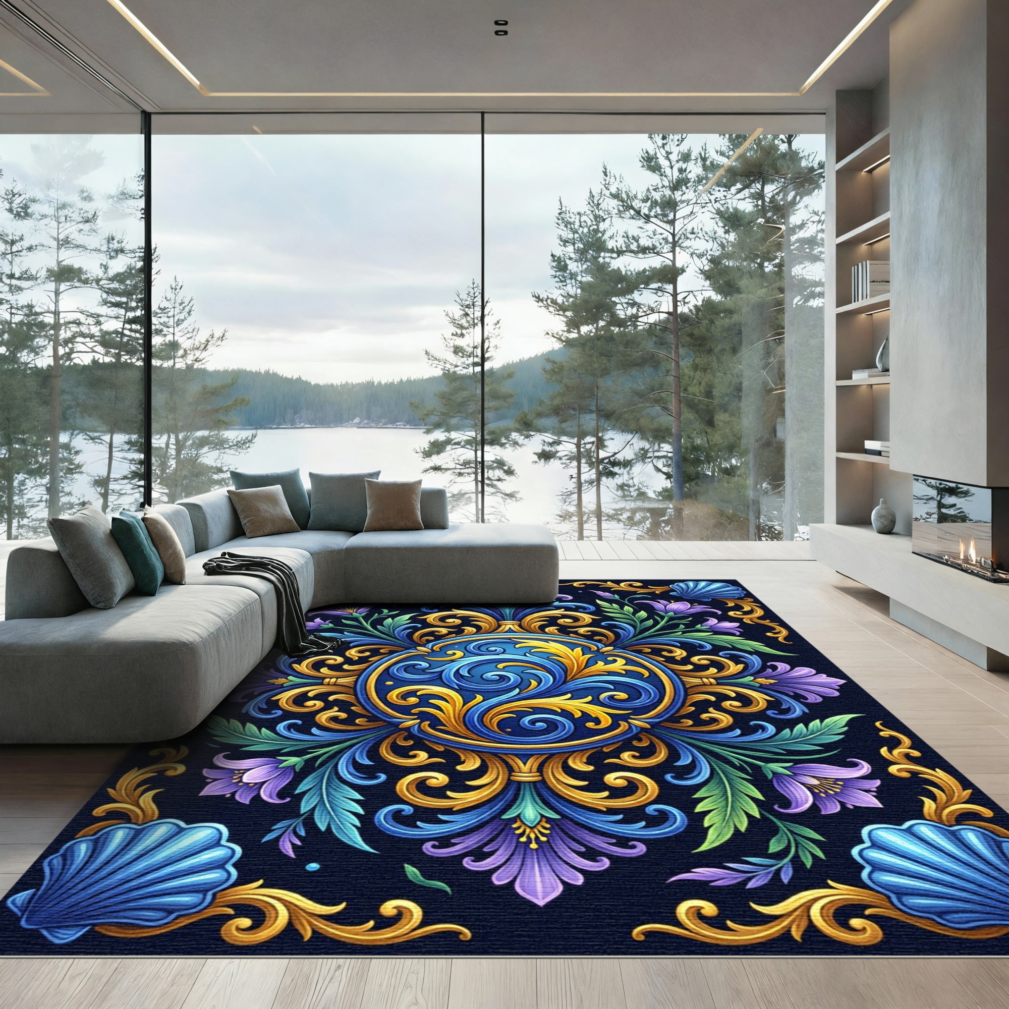 Ornate Blue Gold Floral Shell Garden Rug