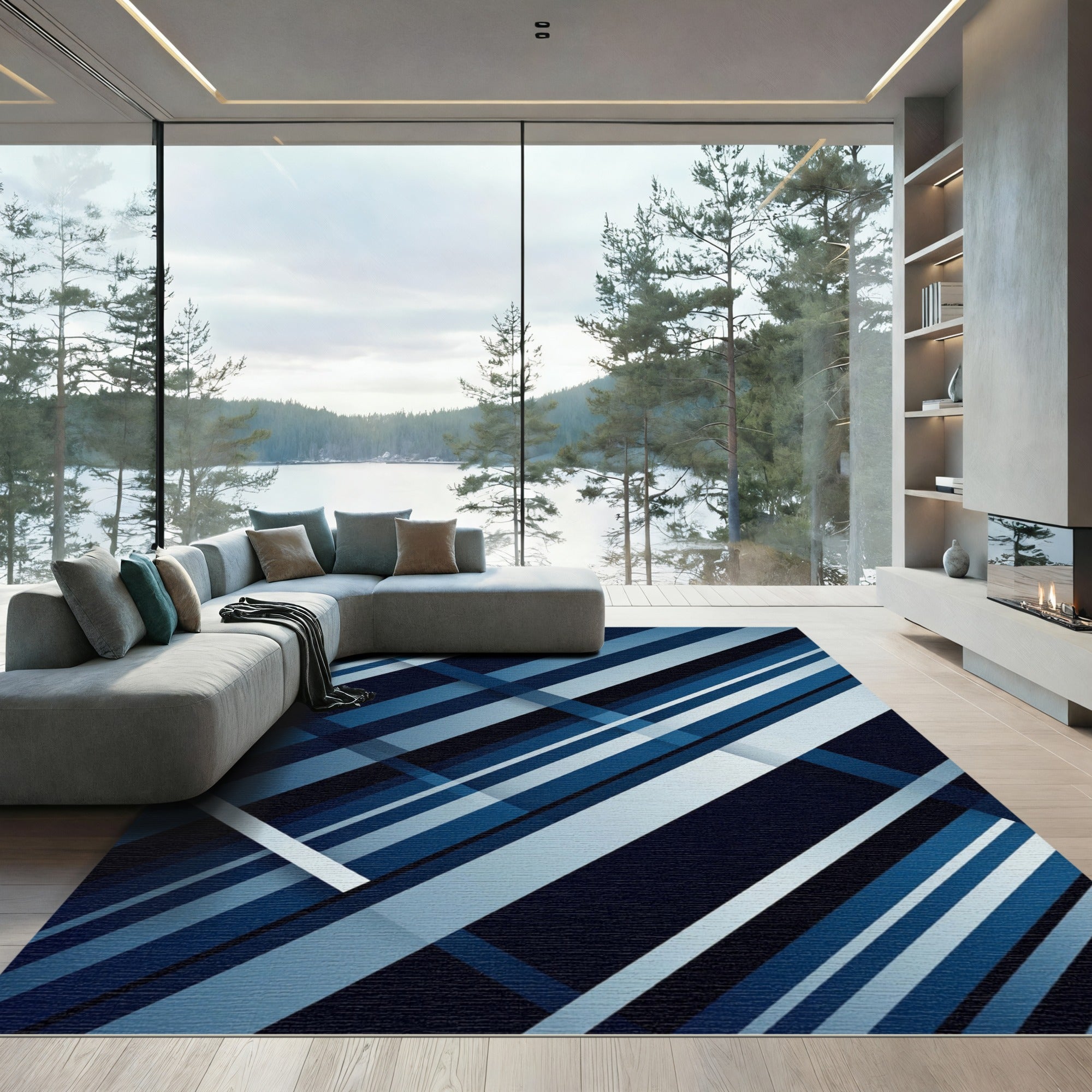 Modern Navy Angular Abstract Diagonal Stripe Rug