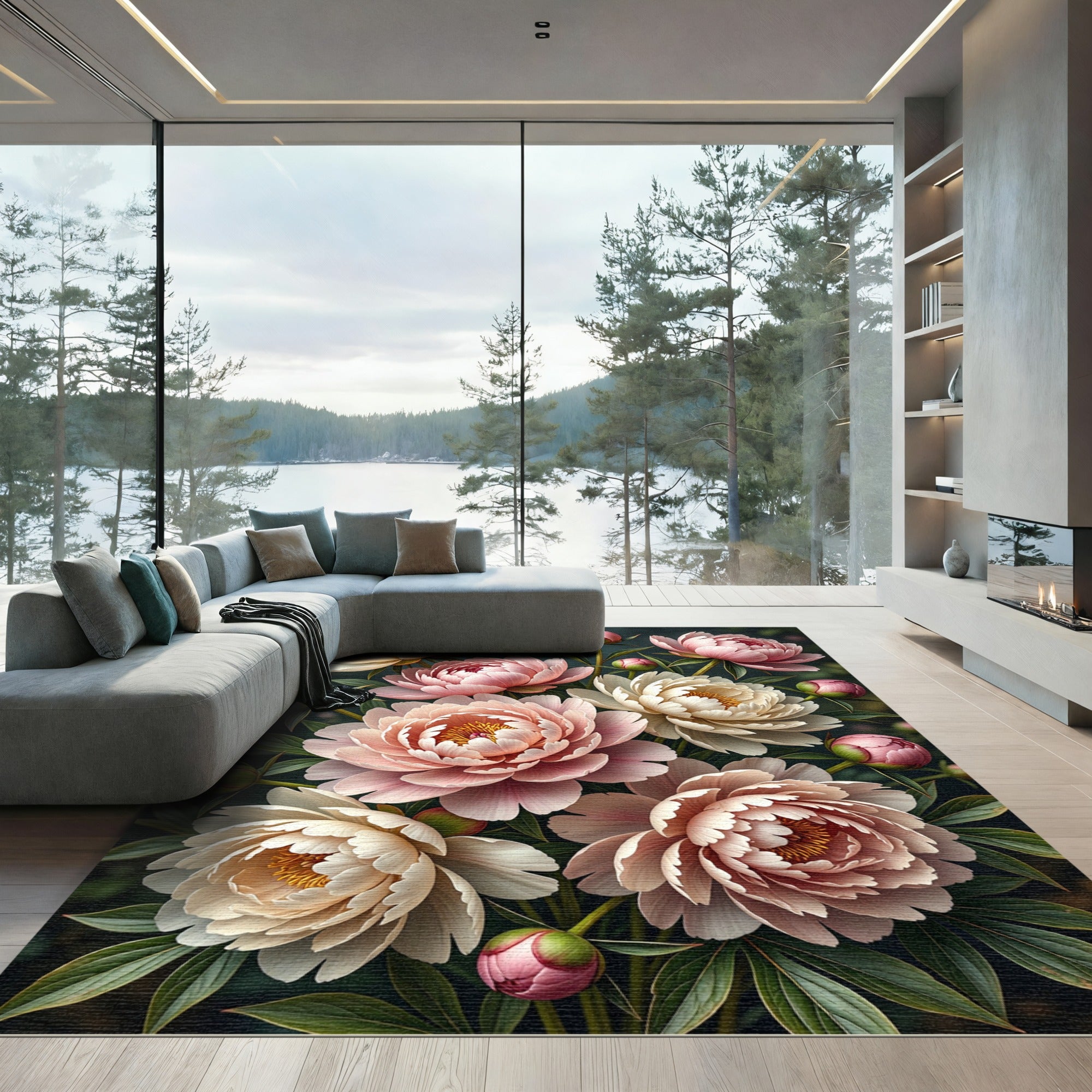 Elegant Blush Peony Floral Bouquet Rug