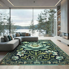 Elegant Teal Lotus Botanical Frame Rug
