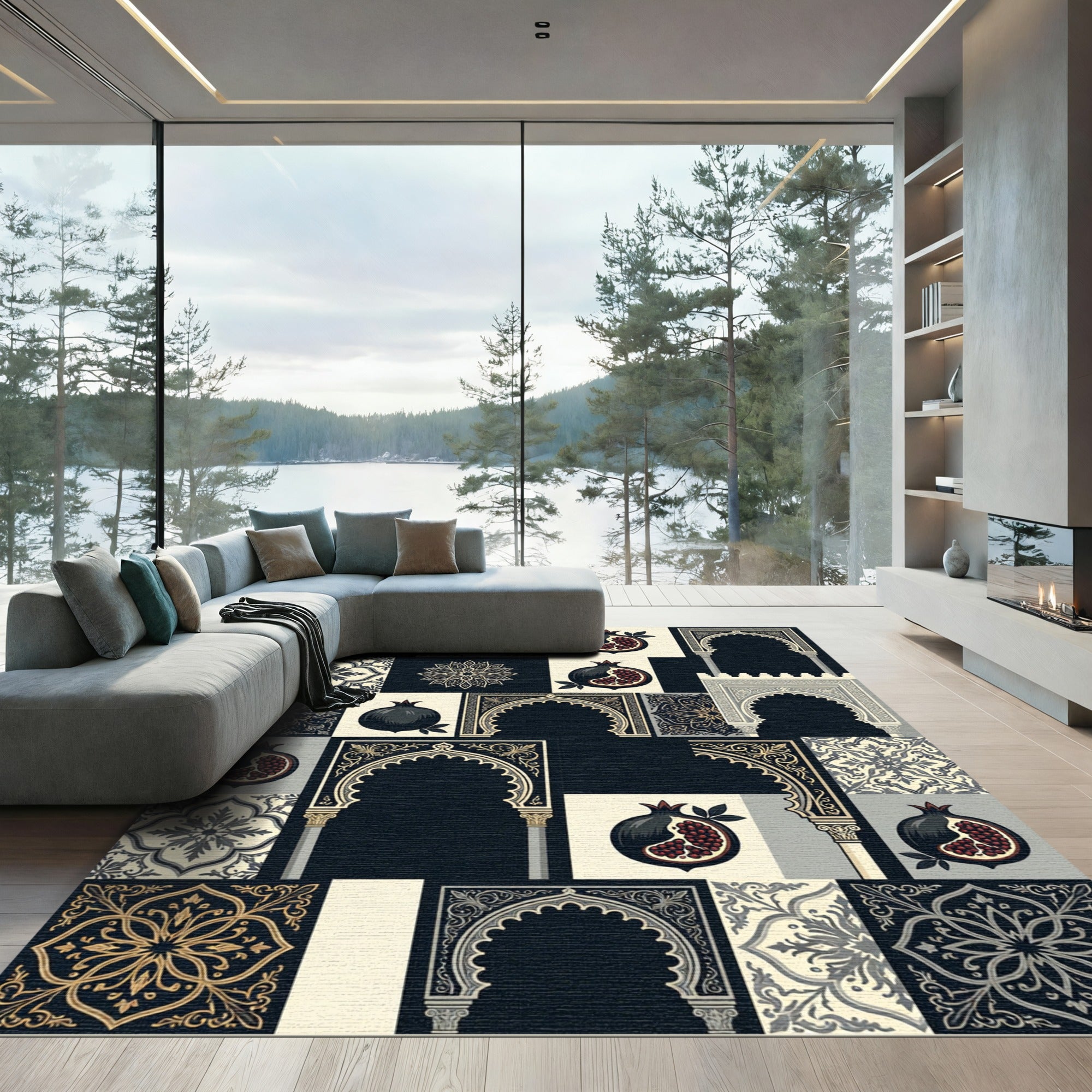 Black Gray Pomegranate Medallion Arch Collage Rug