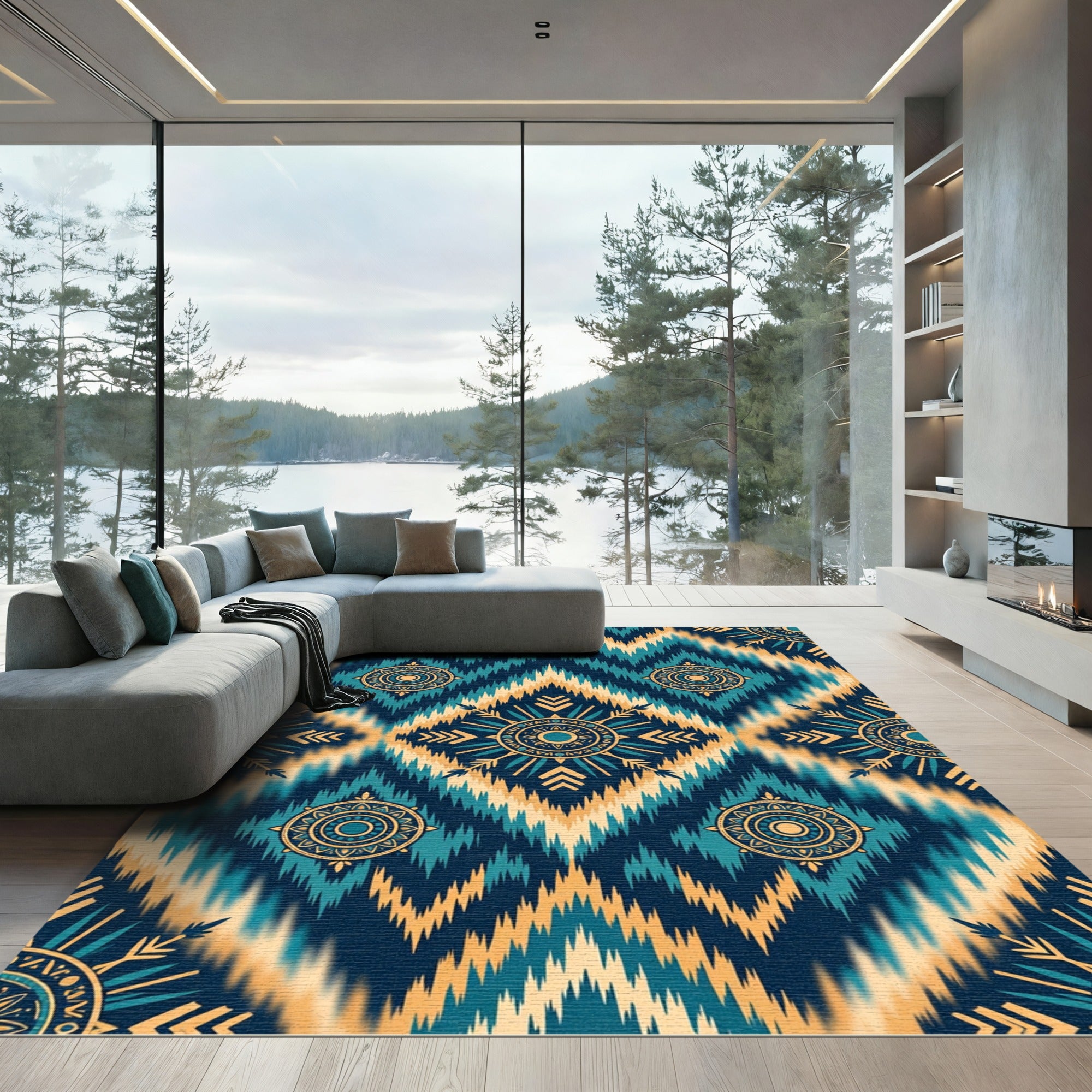 Teal and Golden Ikat Medallion Rug